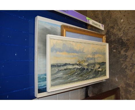 Ships in full sail by Alfred D Drew, oil on board together with another by M Rose, gilt framed and boat in rough sea by D Win