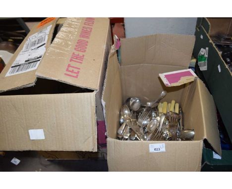 Two boxes of various silver plated cutlery, serving dish,candlestick, jugs etc