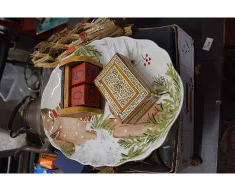 Box of mixed items to include copper kettle, meat plate, oil lamp etc