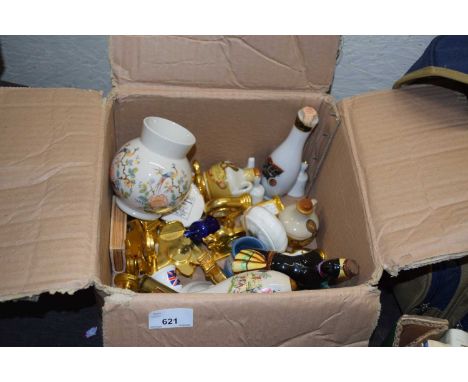 Box of various assorted small ceramic items, miniature brass clocks and other items