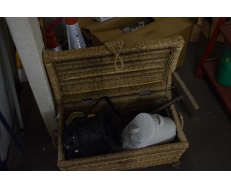 A domed rush trunk and assorted contents to include lamps, storage boxes etc
