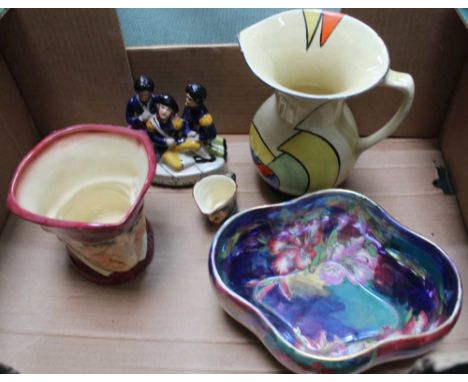 A BOX CONTAINING A SMALL SELECTION OF DOMESTIC &amp; COLLECTABLE POTTERY to include; Royal Doulton character jugs, Maling lus
