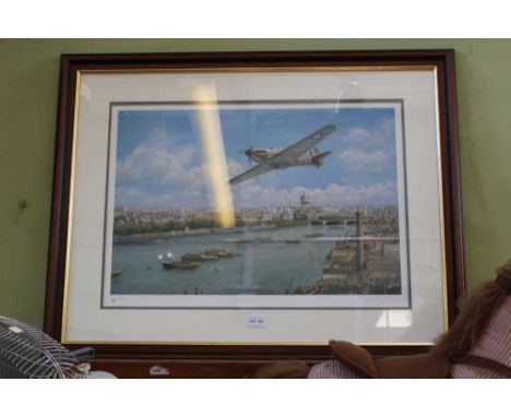 A SIGNED LIMITED EDITION PRINT by John Young, depicting a famous British fighter plane, over the Thames at London 