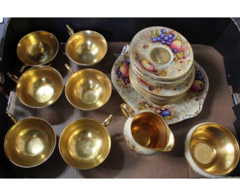A BOX CONTAINING A GILDED AYNSLEY FRUIT PATTERNED TEA SERVICE 