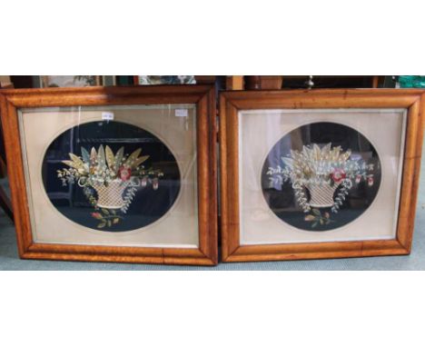 TWO WELL GLAZED &amp; FRAMED TAPESTRY WOOLWORKS depicting a basket of flowers, in birdseye maple designed frames 