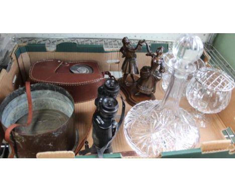 A BOX CONTAINING A SELECTION OF USEFUL DOMESTIC &amp; COLLECTABLE ITEMS, to include; glass ships decanter, binoculars, brass 