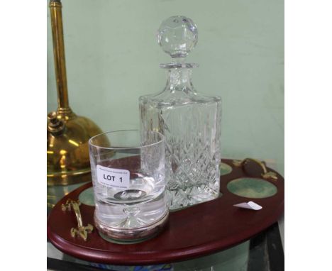A GLASS DECANTER &amp; STOPPER with part fitted tray, together with a hallmarked SILVER BASED TUMBLER 