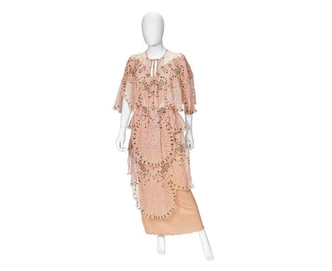 ZANDRA RHODESA Pink Chiffon 'Mexican Collection' Butterfly Dress, 1978hand printed chiffon silk with banana leaf inspired des