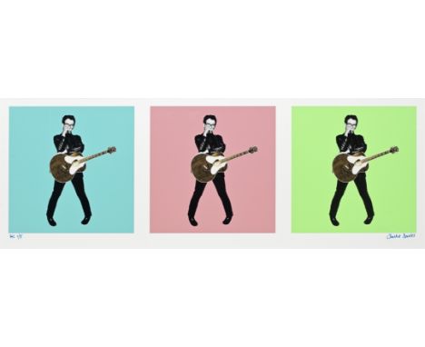 CHALKIE DAVIES (WELSH, BORN 1955)Elvis Costello, Greatest Hits Triptych, 1977, printed laterC-type archival print, signed and