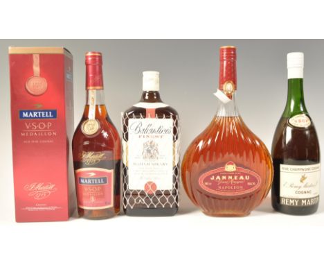 A collection of Brandy to include Martell VSOP Mesaillon Old Fine Cognac in box together with a Janneau Napoleon Grand Armagn