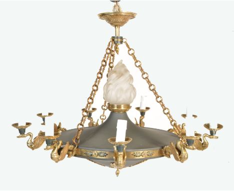A late 19th / early 20th Century French gilt and patinated brass 9 light electrolier chandelier, the pierced corona above a s