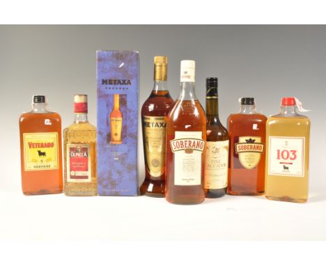 A collection of mixed alcohol to include Soberano 1L 30%, Veterano Osborne 1L 30%, 103 Osborne 1L 30%, Soberano brandy 1l 36%