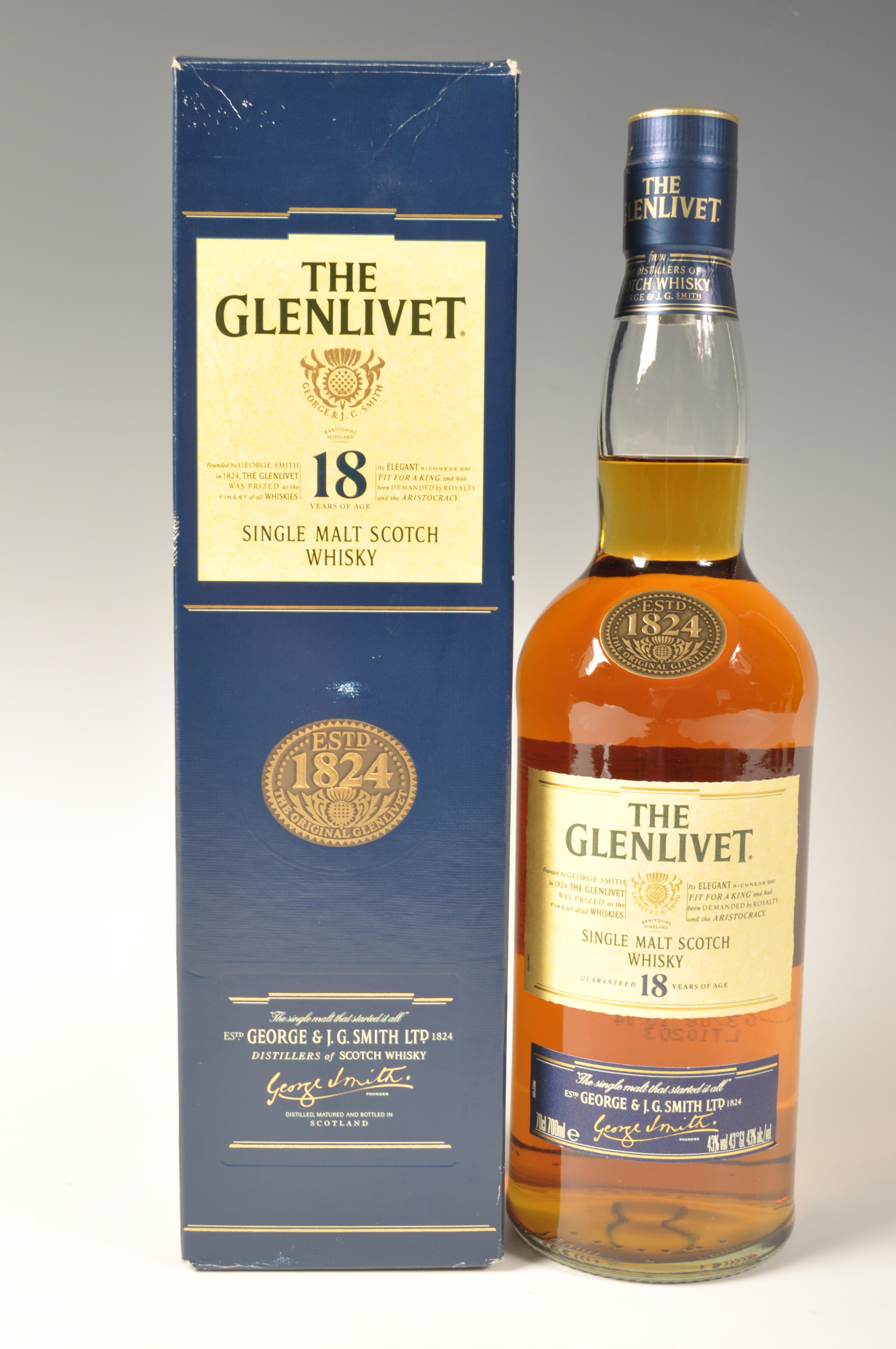 A boxed bottle of The Glenlivet 18 years of age single malt Scotch ...