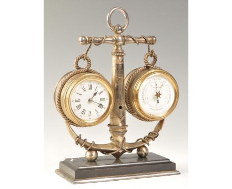 A late Victorian nautical theme desk piece compendium, circa 1900. Composed of a central anchor with thermometer tube and car