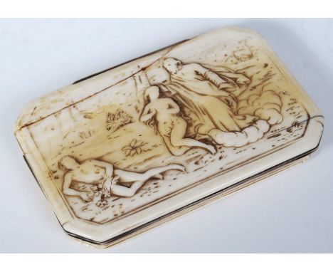 A 17th carved ivory snuff box of rectangular form with canted corner, the hinged lid depicting adam and eve being cast of the