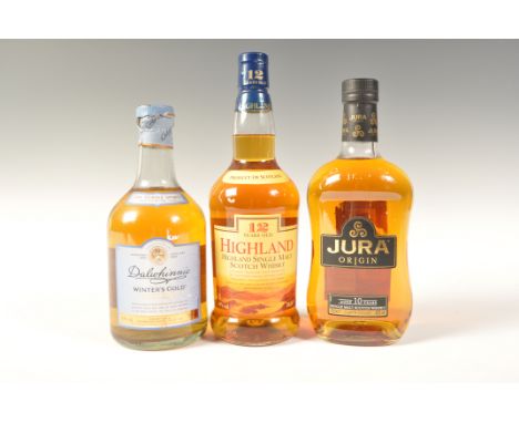 A group of three bottles of single malt scotch whisky to include Jura Origin ages 10 years 70cl 40%, Highland 12 Year Old 70c