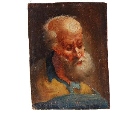 A 19th Century oil portrait painting on wood depicting a bearded elderly man wearing yellow and blue coloured robes, possibly
