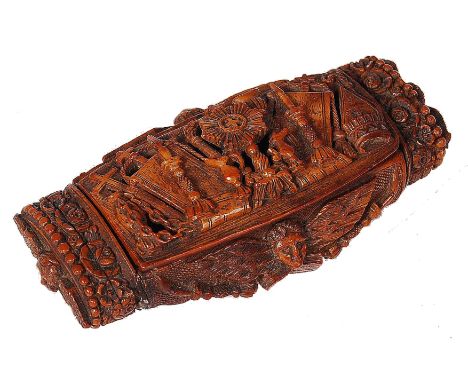 An early 19th century Napoleonic Missionary French carved coquilla nut snuff box. The&nbsp; hinged lid carved religious &amp;