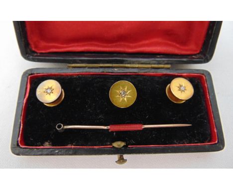 Three 18ct gold and diamond dress button studs in fitted case