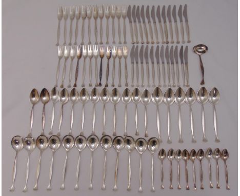 Mappin and Webb Art Deco pattern silver plated flatware for twelve place settings RD904376 to include knives, forks and spoon