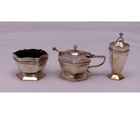 An Art Deco style hallmarked silver three piece cruet set, approx total weight of silver 162g