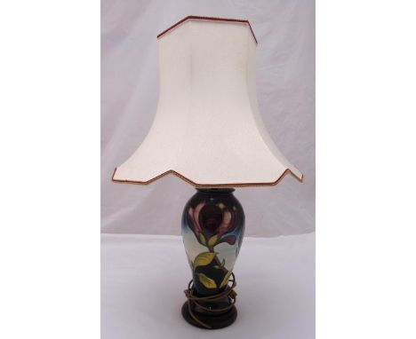 Moorcroft table lamp of baluster form decorated with flowers to include shade, 44cm (h) ex shade, 71cm (h) with shade