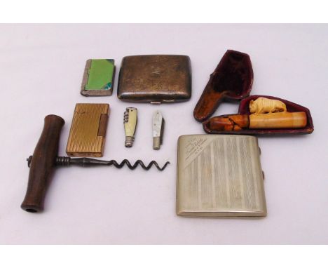 A quantity of collectables to include a Dupont gold plated lighter, two cigarette cases, two penknives, a corkscrew, a cased 