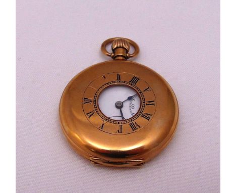 Dennison 9ct gold cased half hunter pocket watch, white enamel dial, subsidiary seconds dial, Birmingham 1945