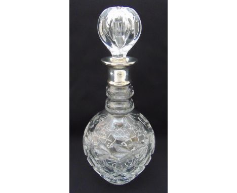 A hallmarked silver and cut glass decanter with drop stopper, 28.5cm (h)