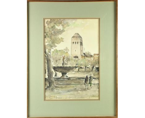 MCM Modern Cali Watercolor of the Concours Pountain in Golden Gate Park, San Fransisco. Signed and Titled. Overall size: 27 x