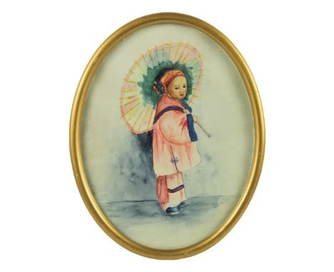 Signed watercolor of a young Chinese girl with parasol. Esther Hunt was an artist devoting much of her attention to painting 