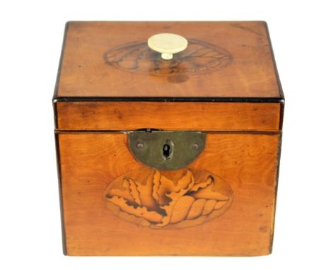 Important inlaid Georgian tea caddy with box wood inlays. Original lidded interior with bone finial. Fantastic quality. Size: