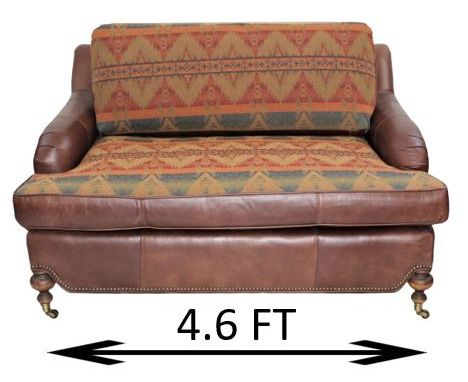 Southwestern upholstered leather loveseat, Includes hide-away bed, front legs on casters. Measurements: 55 x 45 x 30 in. Plea