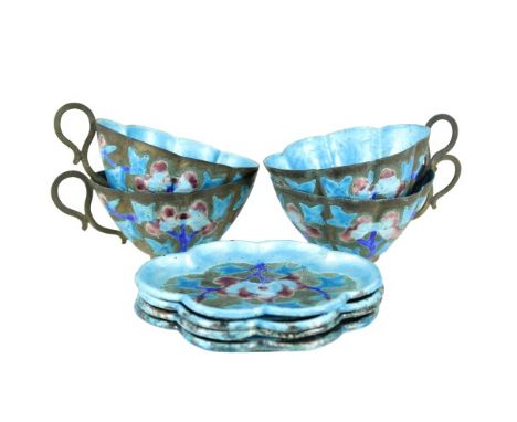 Chinese blue cloissone enamel over metal, four cups and four saucers. cup: 1 1/2 x 4 in. saucer: 4 in diameter. Please note t