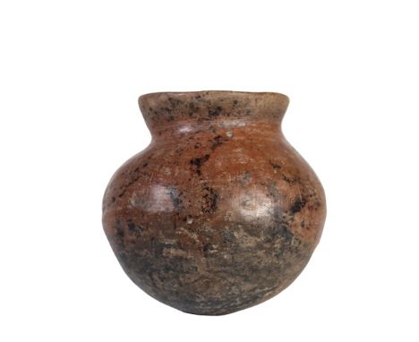 Early Native American jar with rounded bottom, fire clouds. Size: 5 1/4 x 5 1/2 in. Please note that all sales are final and 