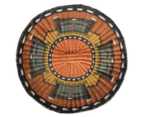 Basket tray or platter with colorful geometric design. Diameter approx 13 in. Please note that all sales are final and no ref