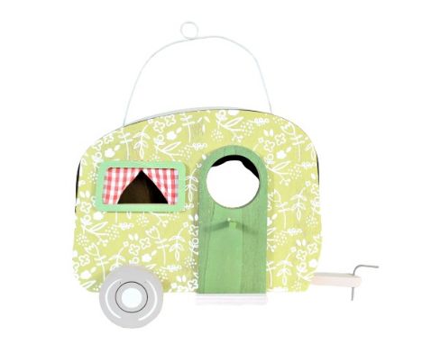 Charmingly decorated birdhouse in shape of vintage trailer. Size: 9 x 5 x 7 in. Please note that all sales are final and no r