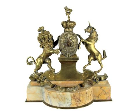 Important English Bronze &amp; Marble Pocket Watch Holder. Royal Coat of Arms of the United Kingdom. Roaring lion and unicorn