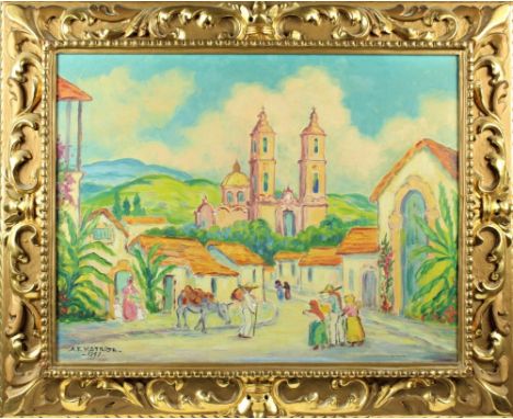 Mexican town scene. Signed and dated lower left, 1897. Overall size: 20 1/2 x 25 in. Sight size: 13 3/4 x 19 1/4 in. Please n