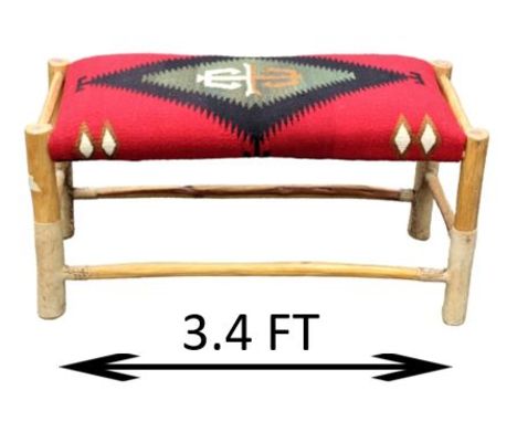 Southwestern wooden bench with woolen woven seat, decoratively reinforced with hand stitched hide. Size: 41 x 19 1/2 x 19 1/2