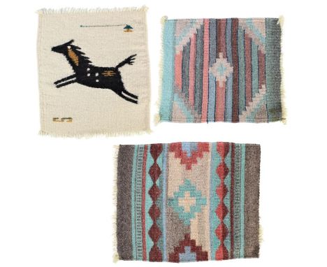 Collection of three hand-woven woolen textiles, dyed wool. Largest textile measures 15 x 12 1/2 in. Please note that all sale