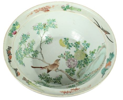 Decorated with a bird and chrysanthemum. Size: 16 in. diameter x 5 1/4 in. H Please note that all sales are final and no refu