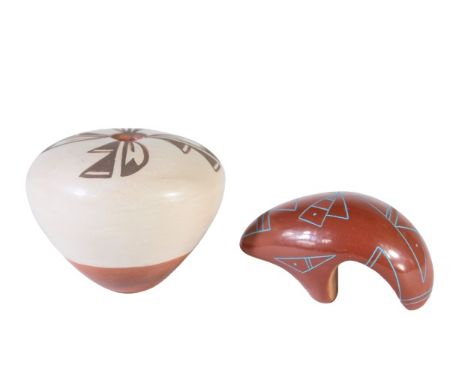 Small polychrome vase is signed on bottom. Highly polished animal figure is also signed. Tallest is 2 1/2 in. Please note tha