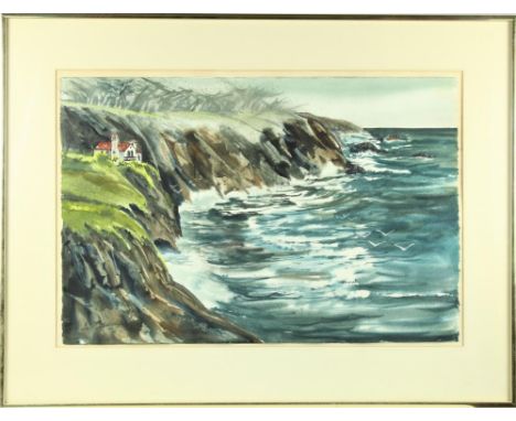 Watercolor of a coastal scene, entitled "Carmel Highlands". Signed and dated lower left. De Chauron exhibited in the San Fran