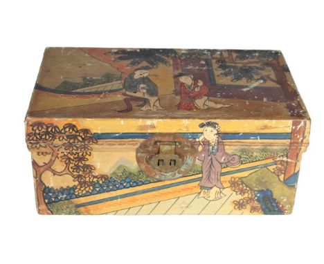 Chinese hinged box with blue lining, metal handles and latch. Size: 13 1/4 x 7 3/4 x 6 in. Please note that all sales are fin