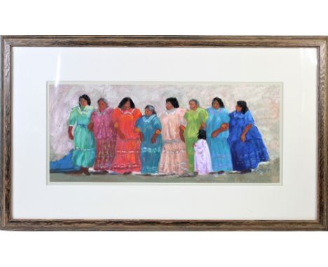 Colorful pastel on paper of American Indian women in their native dress, signed in lower right: Costis. Overall size: 16 x 26