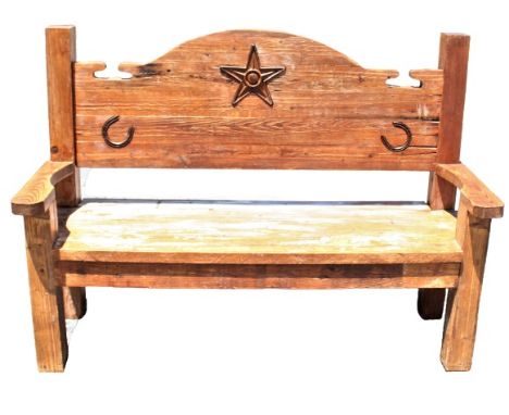 Wooden bench with star and lucky horseshoe motif. Size: 61 1/4 x 21 1/2 x 45 in. Please note that all sales are final and no 