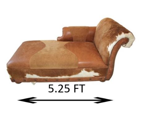 Southwestern leather and cow hide chaise by King Ranch Saddle Shop. Nailhead trim and solid wood frame. Measurements: 63 x 32