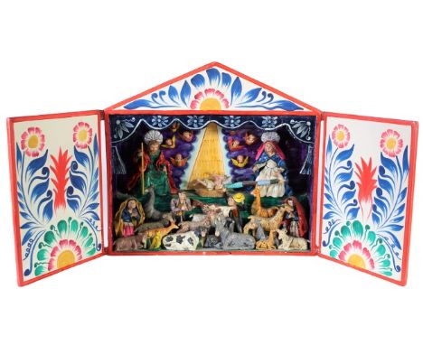Peruvian retablita made of painted wood and clay, depicting a nativity scene. Vibrant color and charmingly rendered with intr
