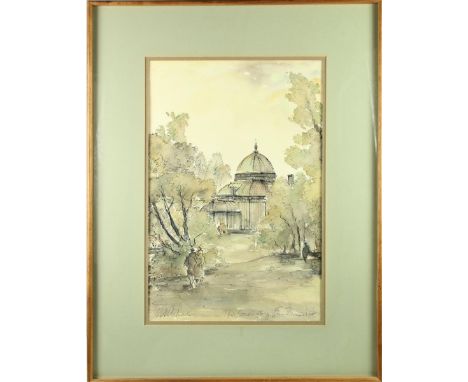 MCM Modern Cali Watercolor of the Conservatory of Flowers in Golden Gate Park, San Francisco. Signed and Titled. Overall size